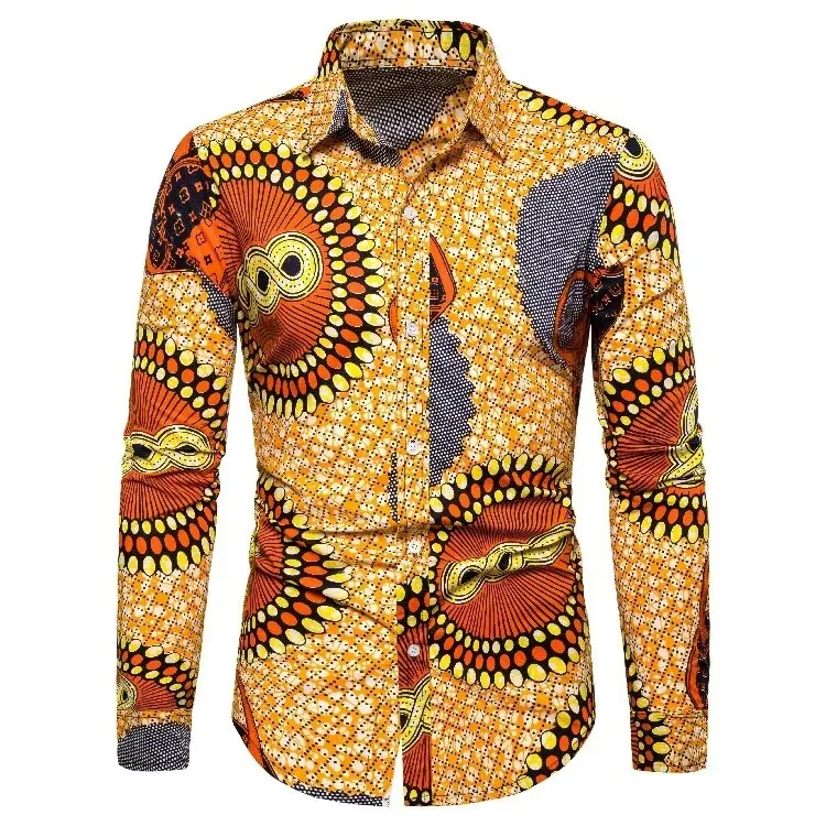 Afrikaanse Traditionele Print Heren Overhemden Casual Single-Breasted Blouses Lange Mouwen Shirt Streetwear Trend Revers Tops Heren Kleding