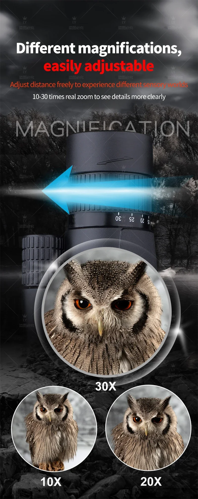 CAOX 10-30x50 Zoom HD Monokular-Teleskop für Vogelbeobachtung, Jagd, Camping - Inklusive Outdoor-Stativ & Handyhalterung – Detail 2