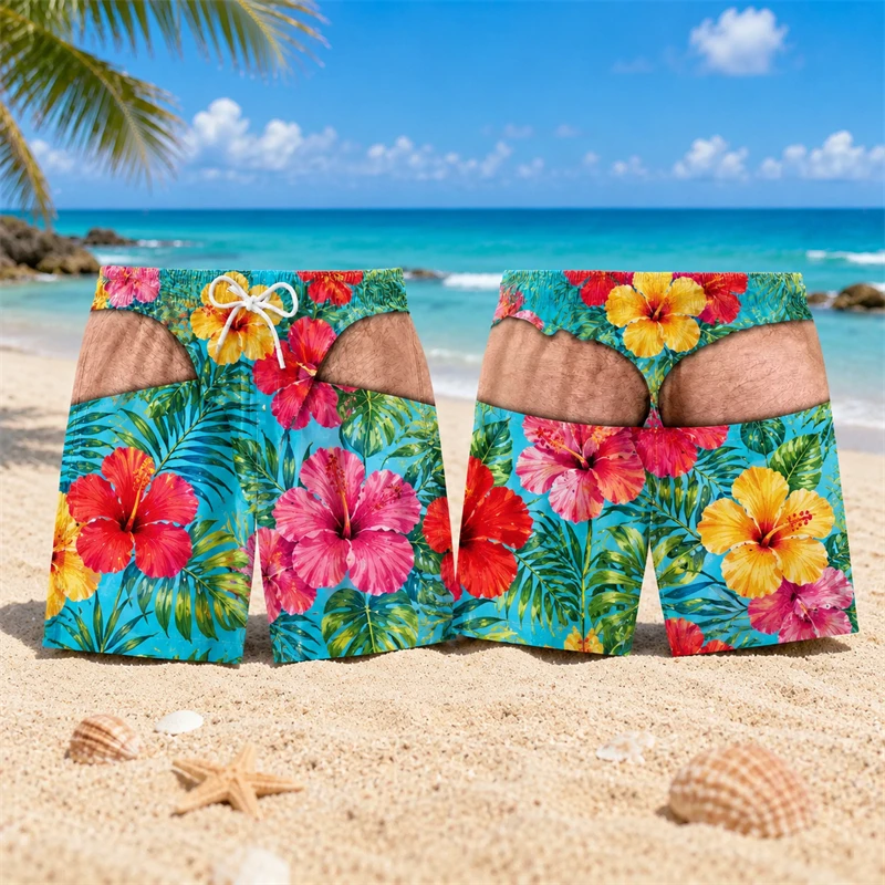 Funny 3D Hairy Butt Print Men Beach Shorts Elastic Drawstring Novelty Swim Trunks Quick Dry Pool Party Vacation Oversized Shorts