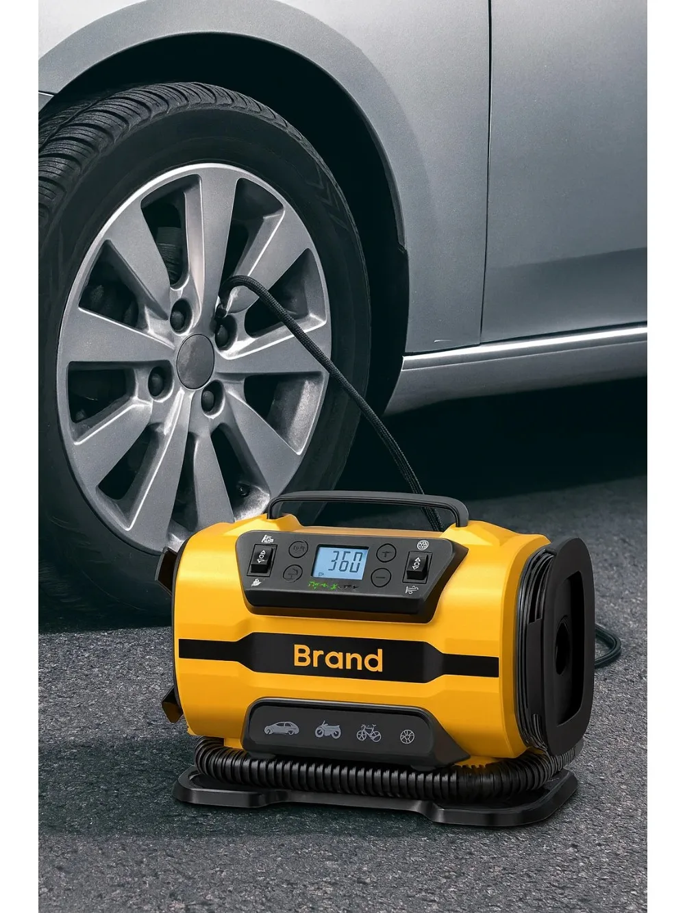 Tragbarer Luftkompressor, Dual Power 110 V-230 V AC/DC-Reifenfüllpumpe für Auto, Fahrrad, Boot, Matratze, Digitalanzeige, 150 PSI, 35 l/min