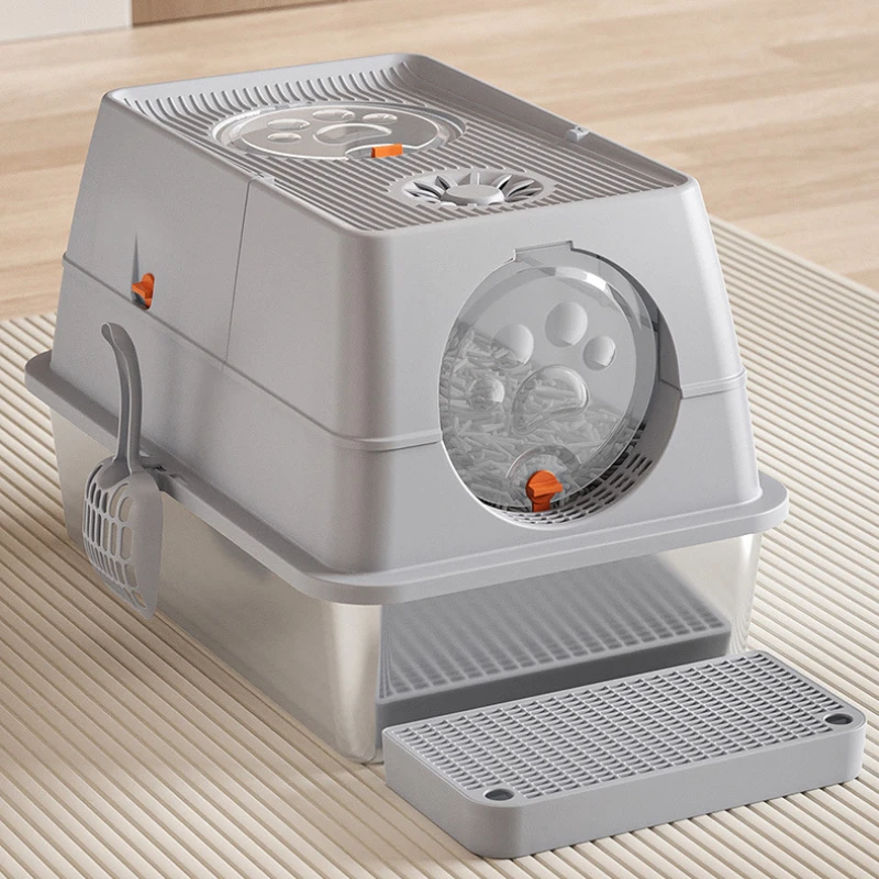 Fully Enclosed Stainless Steel Cat Litter Box Flip-top Large-capacity Cat Toilet Semi-enclosed Cat Litter Box Pet Supplies
