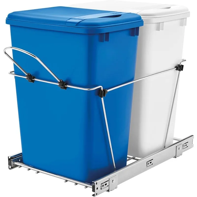 Imagem -02 - Duplo Puxar Lixeira para Armários de Cozinha Lixo Reclináveis Bin Slide de Extensão Completa Azul e Branco 35 qt 12 Gal