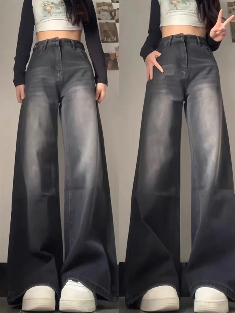 

Прямые джинсы с высокой талией, женские большие размеры, свободные удобные широкие брюки длиной до пола для грушевого тела