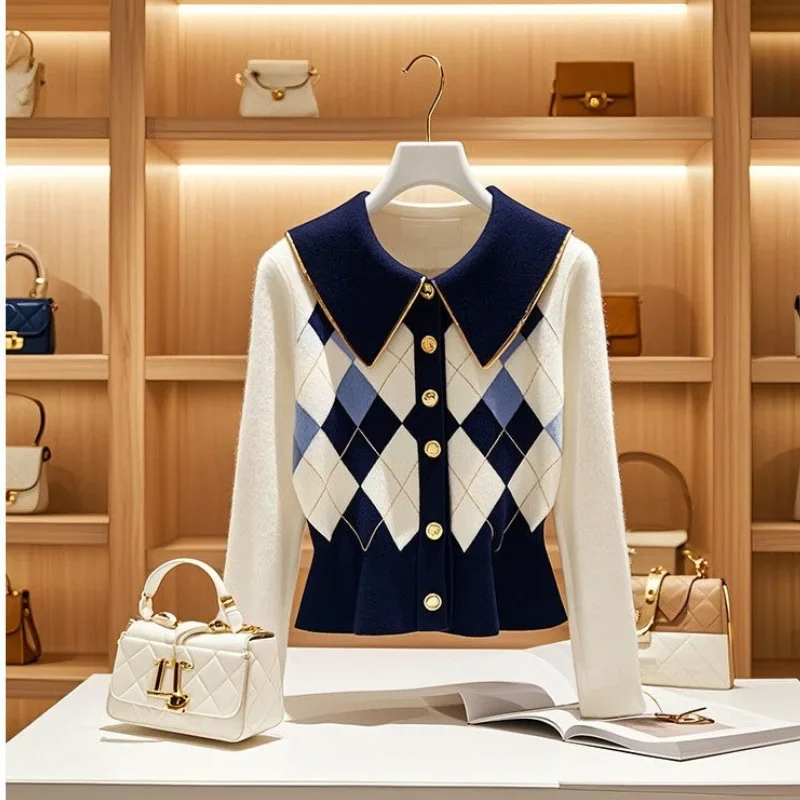 New Pant Sets Spring and Autumn Korean Chic Diamond Lattice Waist Knit Cardigan Top Light Luxury with Wide Leg Jeans Set Women