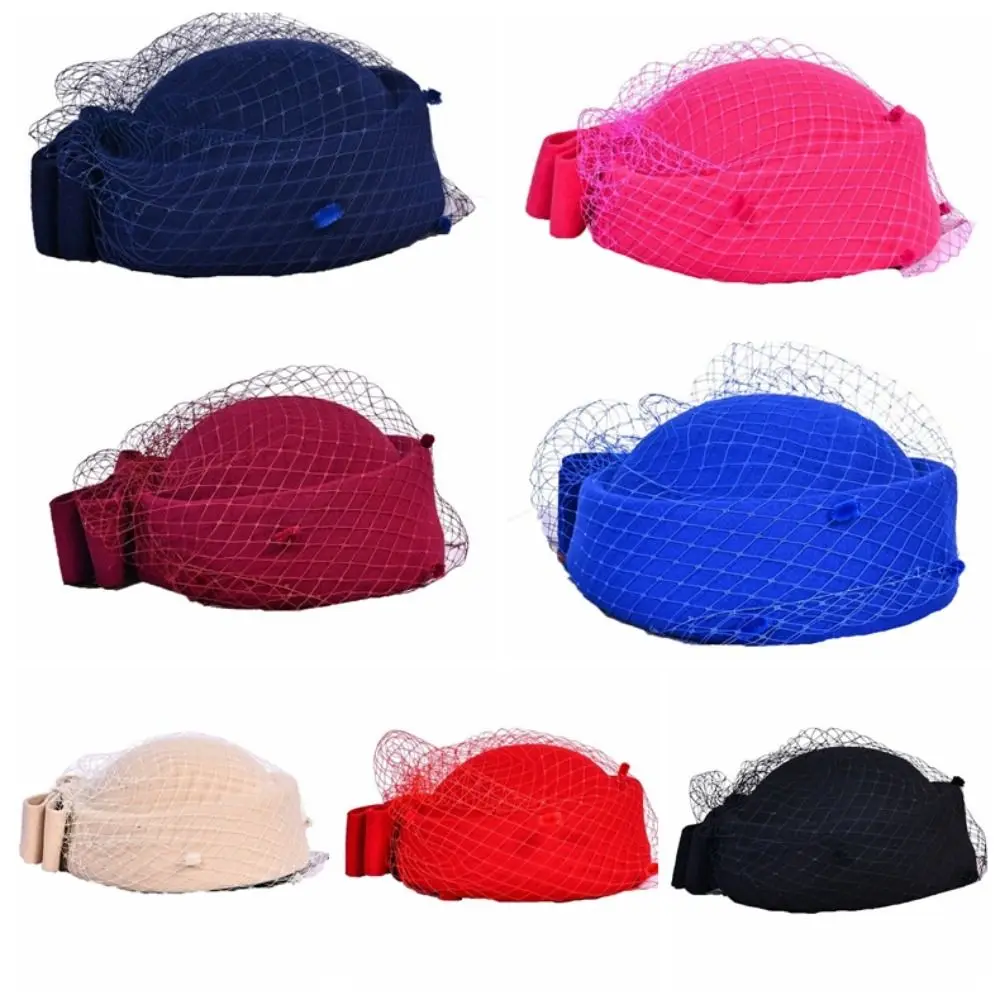 Jazz Hat Mesh Wool Bow Hat with Veil Solid Color Cashmere Pillbox Hat British Style Photography Decoration Topper Hat Wedding