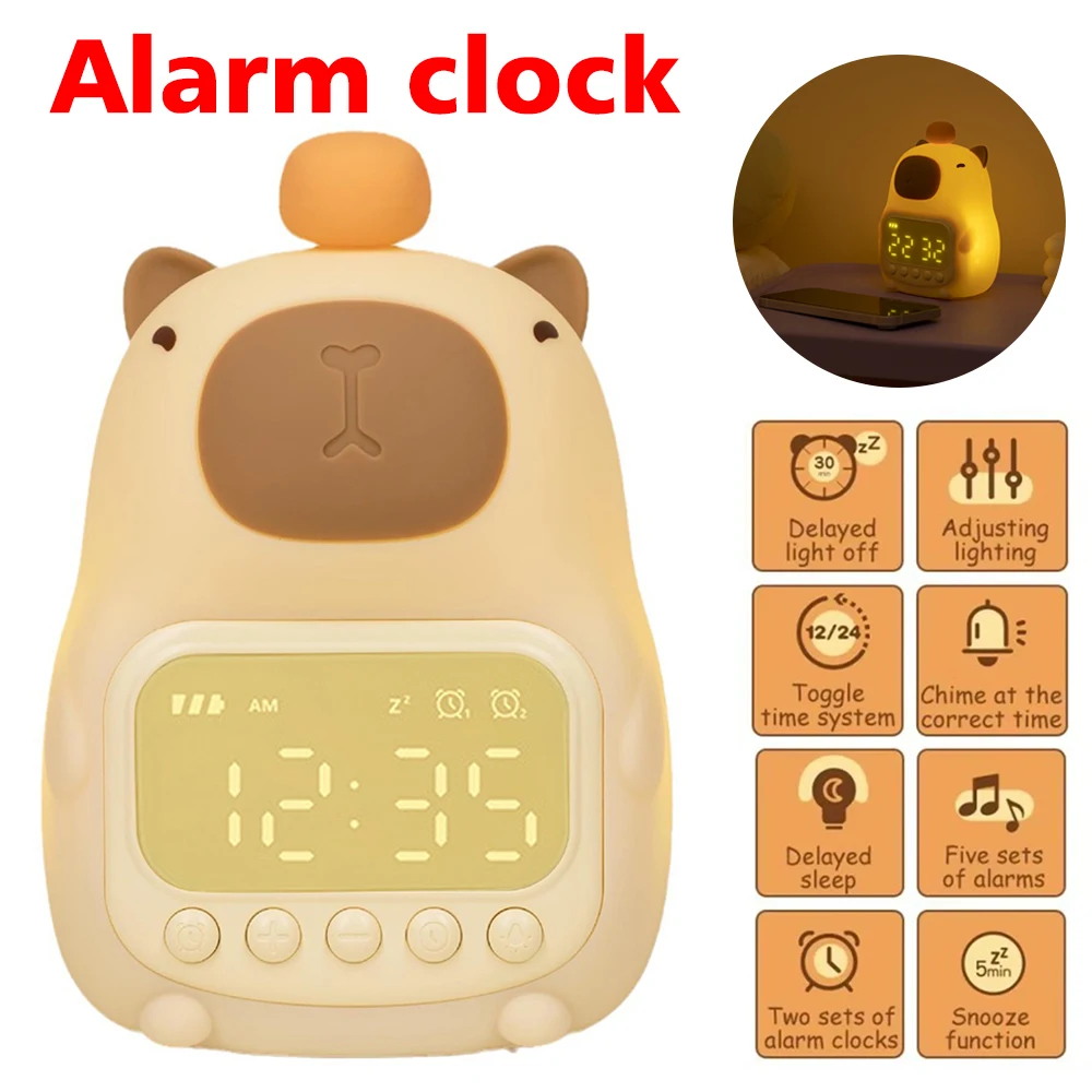 Reloj despertador Capybara, luz nocturna recargable, lámpara de noche regulable, reloj de mesa con repetición táctil, reloj LED de 12/24H para decoración del hogar