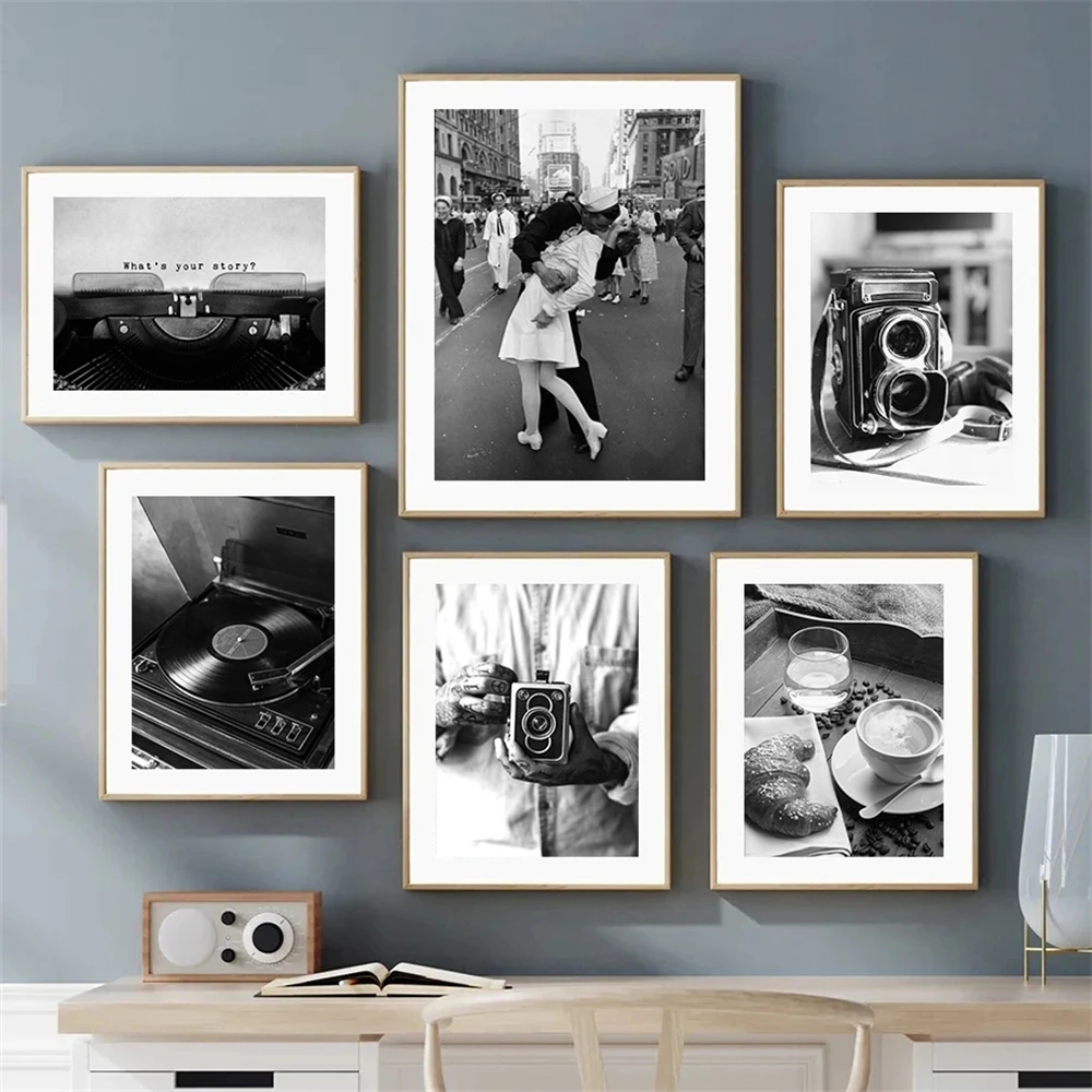 Black And White Vinyl Record Camera Wall Art Canvas Painting Vintage Typewriter Phonograph Posters And Prints Picture Home Decor