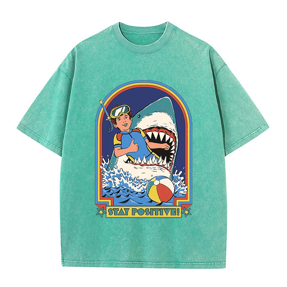 Stay Positive Printing Washed Retro Snow Mens T-Shirt Cotton Loose Tees Cotton Oversize Streetwear Breathable Tshirt Couple