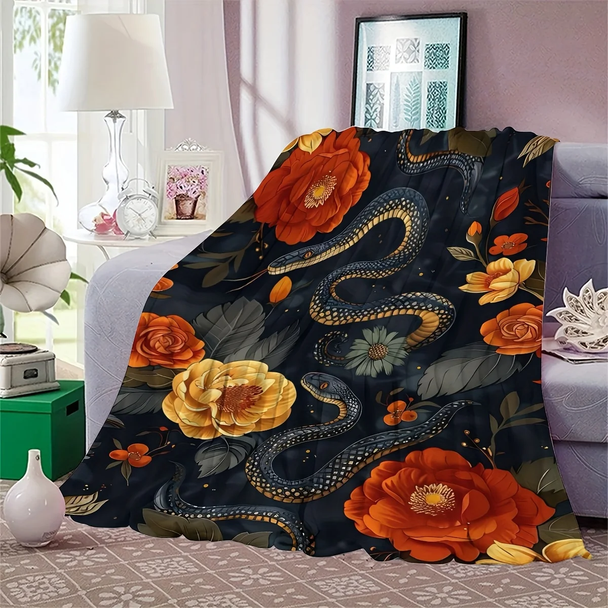 Vintage Black Snake & Floral Print Flannel Blanket - Soft All-Season Throw with Vibrant Orange/Yellow/Green on Dark Background,