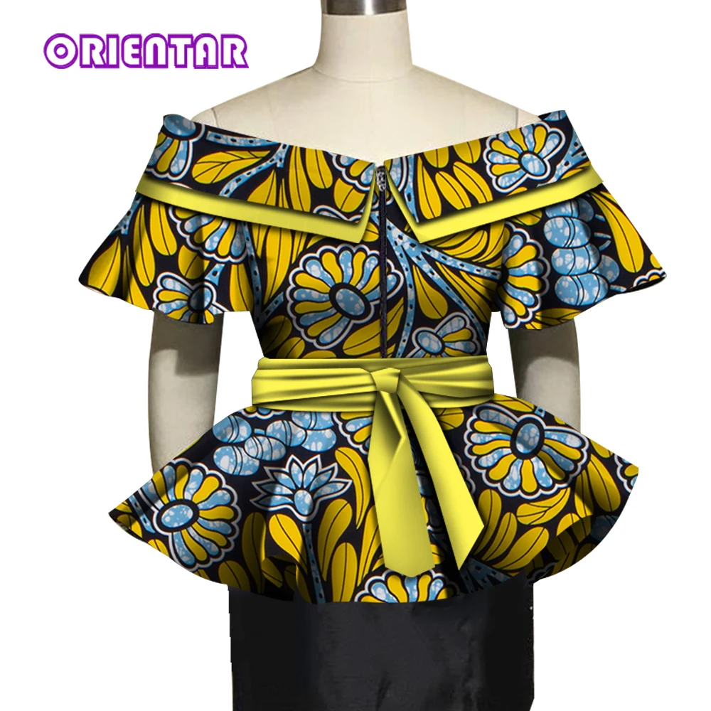 Moda africana topos para mulheres blusa de impressão africana slash neck camisa de algodão com cinto senhora roupas africanas wy5021