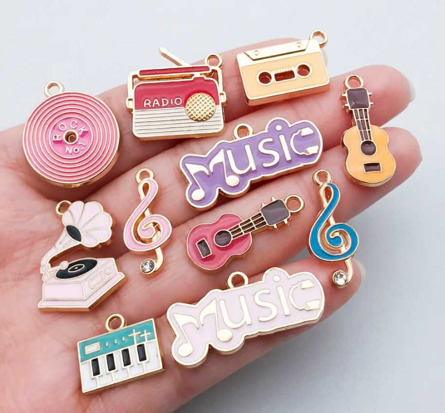 20Pcs Mixed Pink Music Enamel Alloy Charms Note Guitar Radio Pendants For DIY Bracelet Necklace Jewelry Making Accessories