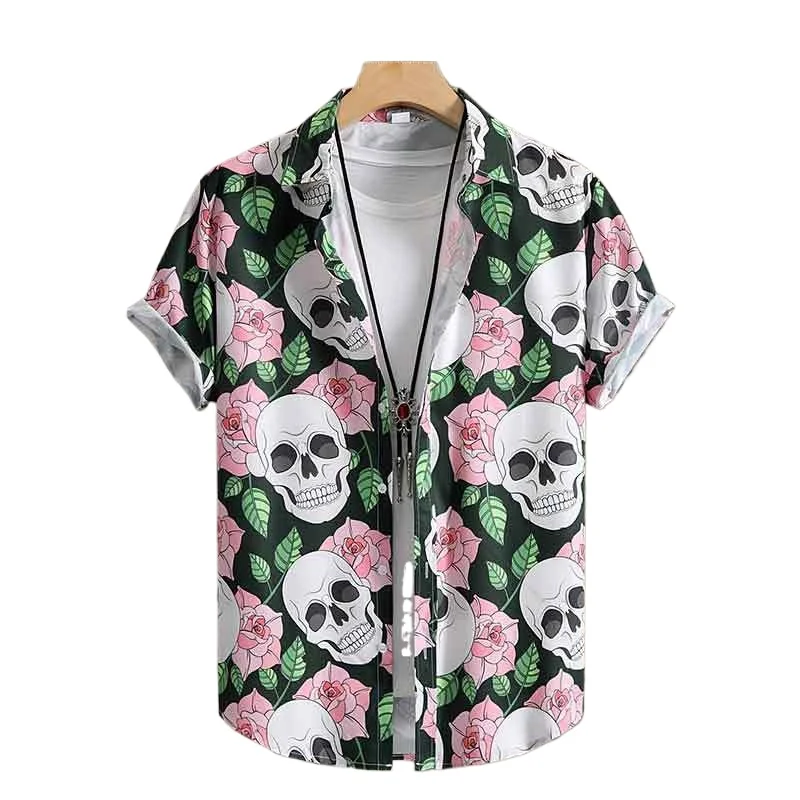 Skull & Flower Print Men's Casual Short Sleeve Shirt, Men's Shirt For Summer Vacation Resort, Tops For Men, Gift For Men