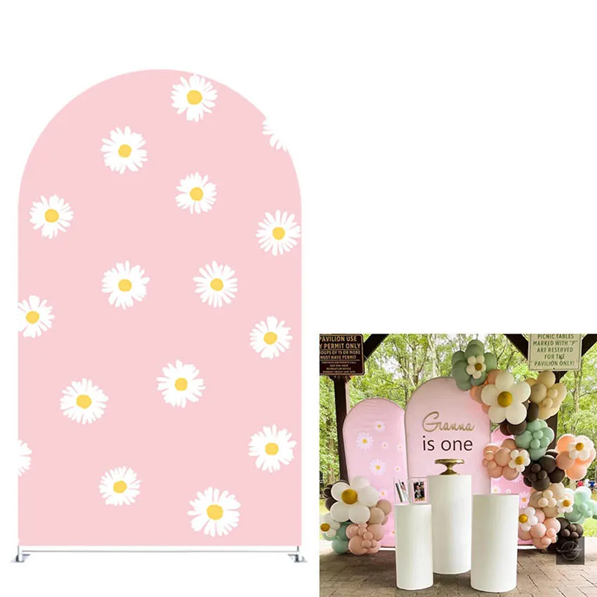 Mehofond Custom Roze Daisy Bloem Groovy Verjaardag Cover Chiara Arch Achtergrond Baby Shower Party Decor Achtergrond Foto Doublesid