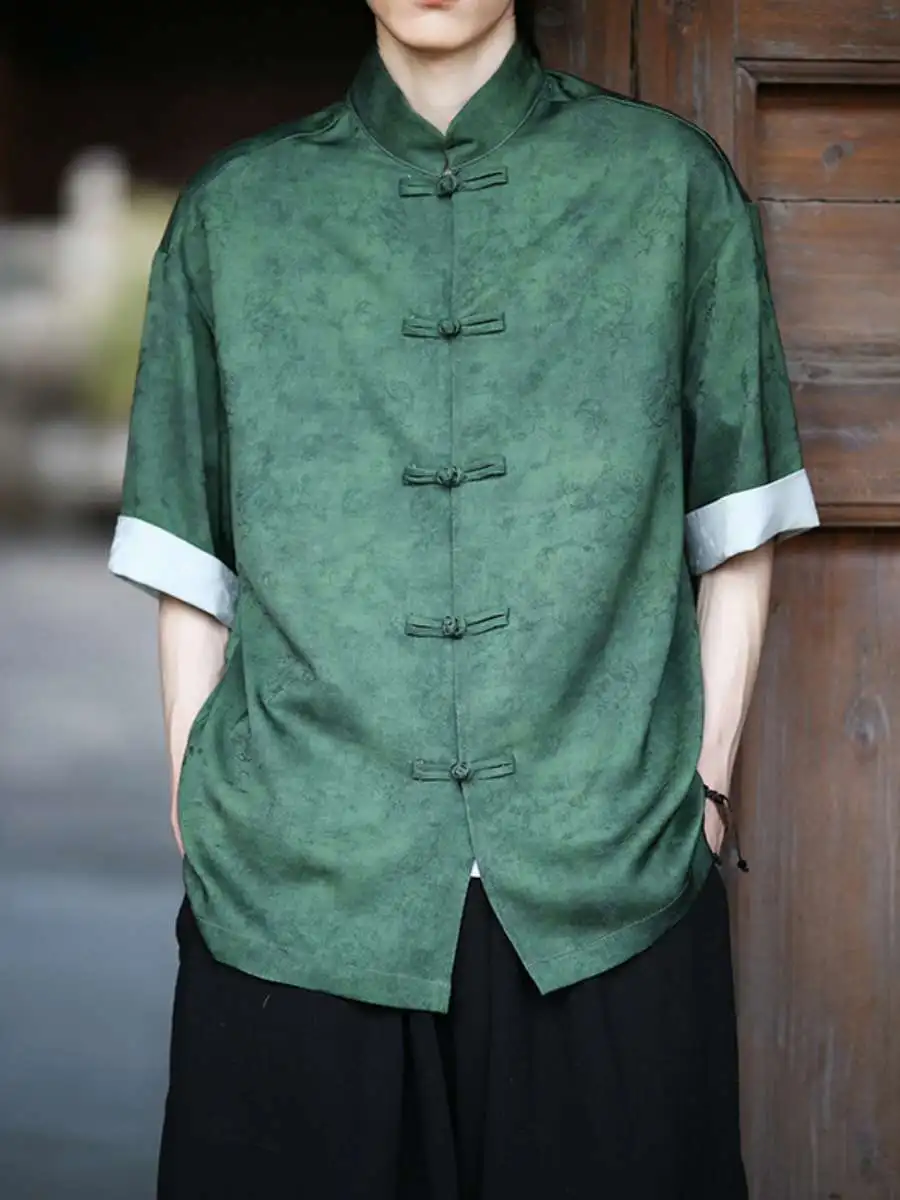

New Men's Short Sleeve Shirt Lightweight Summer Outerwear Retro Tang Suit Modified Hanfu New Chinese Style Half Sleeve Shirt