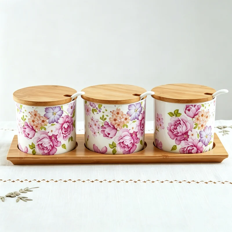 3pcs set, fine bone china spice rack set with spoon and lid, pink lower design, salt and pepper spice jar, porcelain spice box
