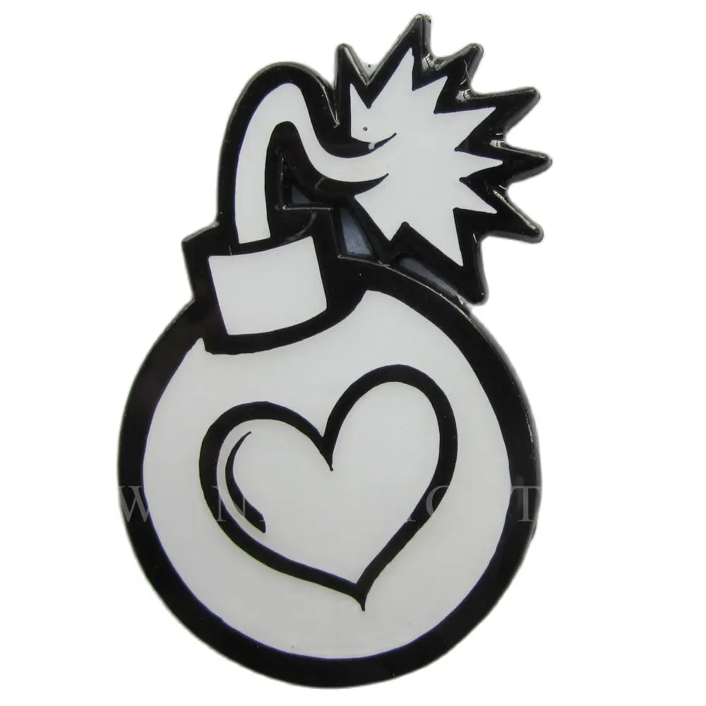 Producer hard enamel black nickle lapel pins with fire like bottle badges heart shape white color high quality 1.25