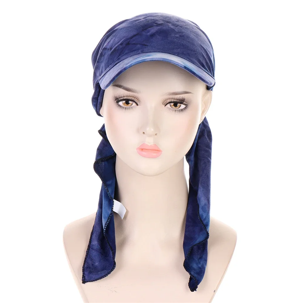 Fashion Muslim Women Printed Brim Cap Sun Visor with Pre-Tied Turban Caps Head Scarf Bandana Headscarf Beach Outdoor Hat Mujer