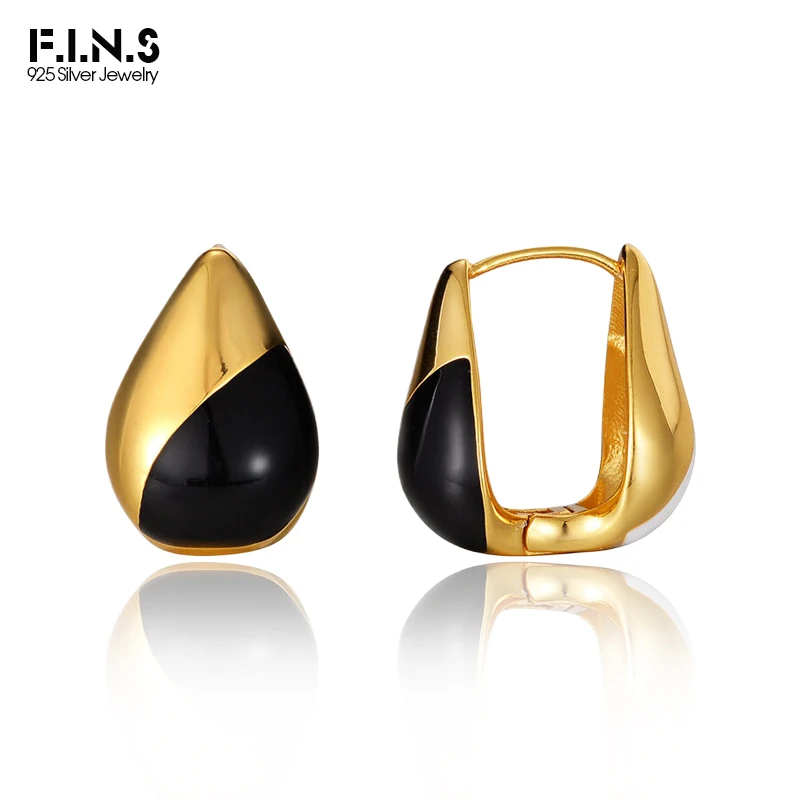 

F.I.N.S Simple S925 Sterling Silver Waterdrop Ear Buckle Fashion White Black Drop Glaze Piercing Studs Minimalist Fine Jewelry