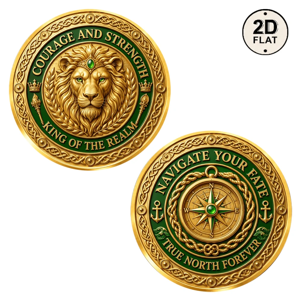 1pc King of The Realm Lion Metal Commemorative Coin 2D UV Print True North Forever Compass Challenge Coin Inspirational Gifts