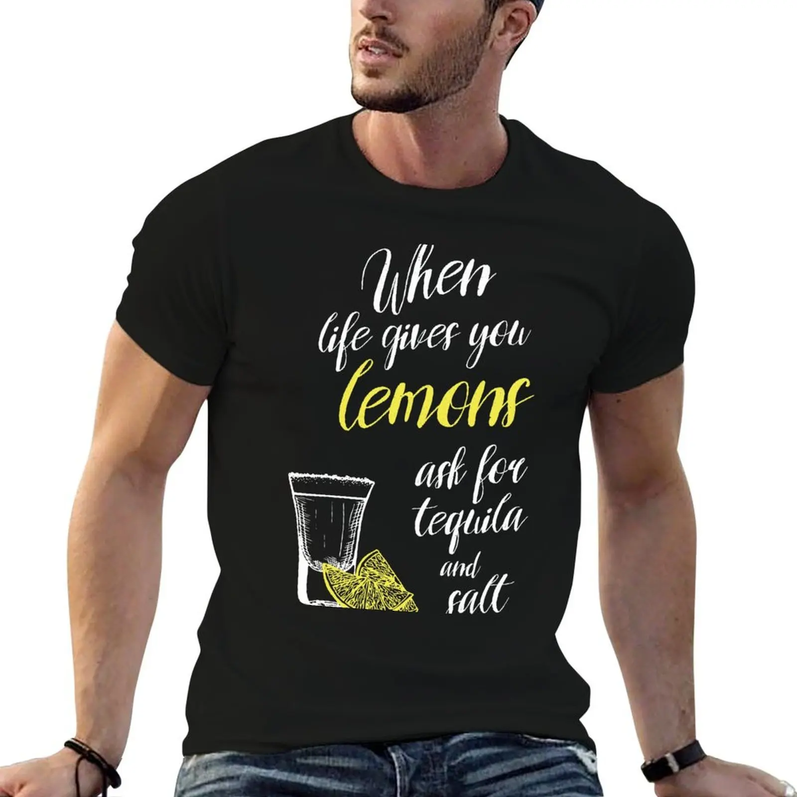 Cuando la vida te le gusta limones pide tequila y sal camiseta camisetas divertidas camisetas gráficas de algodón para hombre camiseta