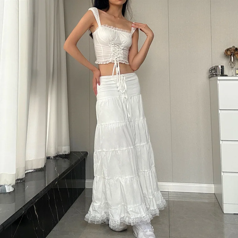 Women Elegant Square Collar Tops French White Lace-up Sleeveless Crop Halter Vest Summer Ruffled Long Skirt Fashion 2 Piece Sets