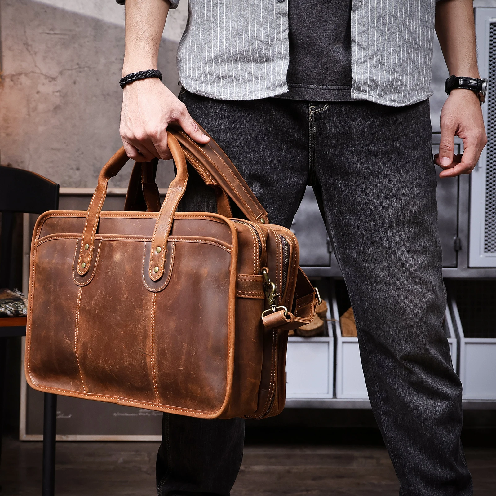 S.WORKER Neues Design Vintage Echtleder Herren-Aktentasche Laptop-Tasche Große Kapazität Rindsleder Business-Tragetasche Handtasche für Männer – Detail 6