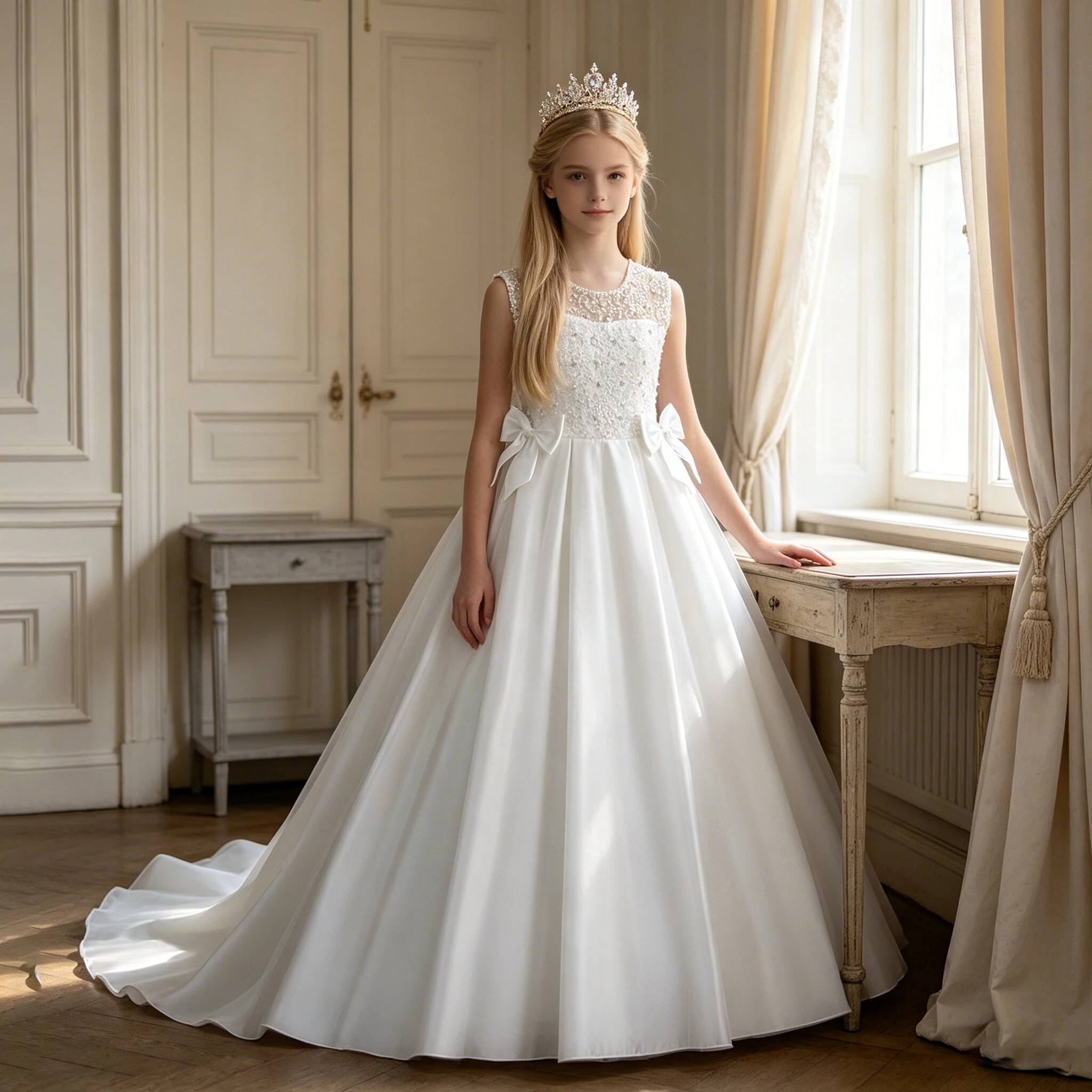 Elegant Bow Baptism Party Girls Dress Summer Trailing Wedding Bridesmaid Princess Evening Dresses Girl First Communion Prom Gown view 3