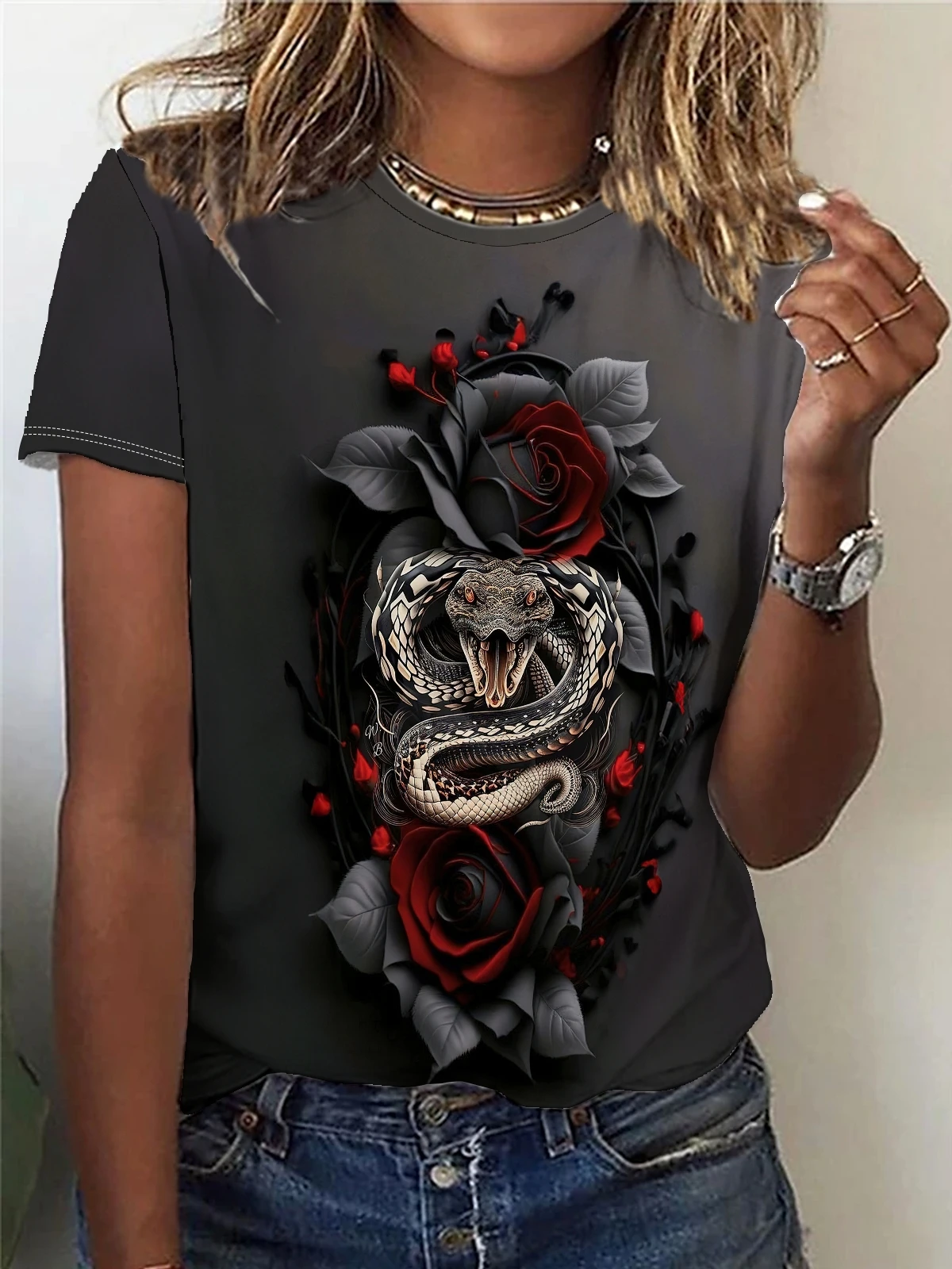 Snake flowerPrint T-shirt, Casual Crew Neck Short Sleeve Top For Spring & Summer, Women\'s Clothing