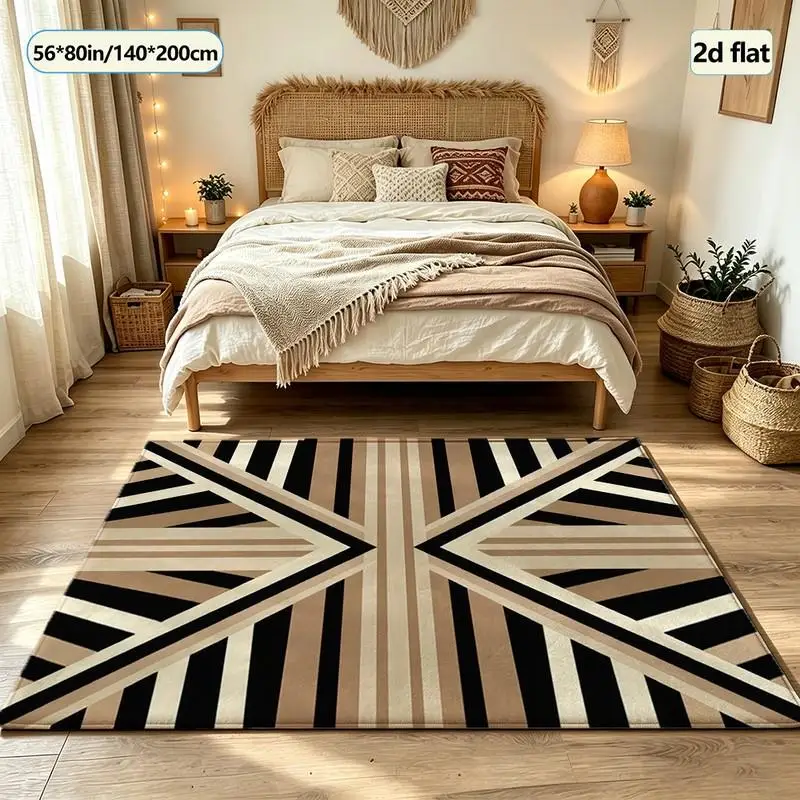 Symmetric Black Beige Striped Geometric Carpet Flooring Mid-Century Square Area Rug Non-Slip Decorative Floor Mat for Home Interior