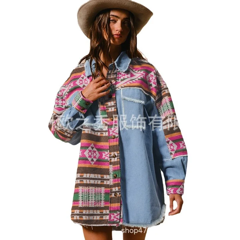 Femmes Denim veste manteau Patchwork simple boutonnage col rabattu Vintage lavé poches vêtements d'extérieur Streetwear automne 2025