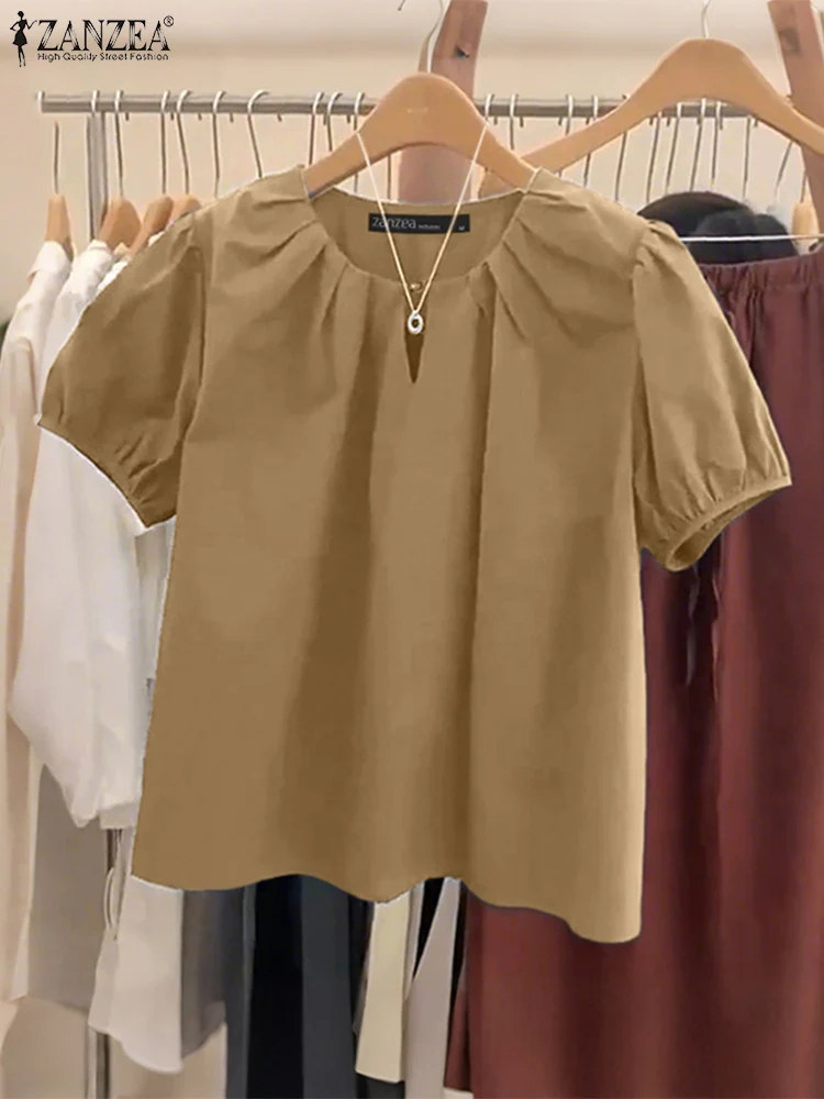 ZANZEA femmes Blouses élégantes plissé col rond trou de serrure décolleté manches courtes bouffantes couleur unie hauts usage quotidien 3 couleurs S-XXXL