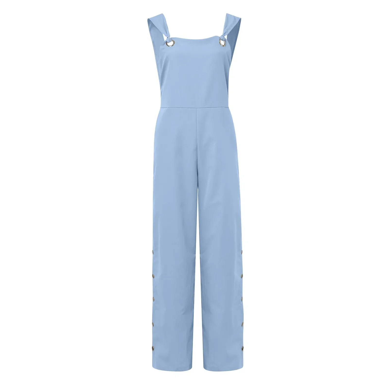 ผู้หญิงฤดูร้อนแขนกุดผ้าฝ้ายผ้าลินิน Playsuits Strappy ปุ่มด้านข้างเปิด Overalls หลวมยาวกางเกงขากว้างหญิง Jumpsuits