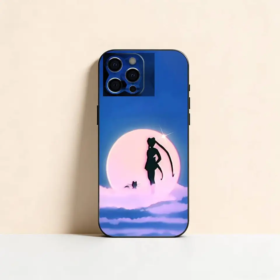 Funda de silicona suave negra para iPhone 17,16,15,14,13,12,11 Plus,Pro Max,XS, diseño S-Sailor M-Moons 6