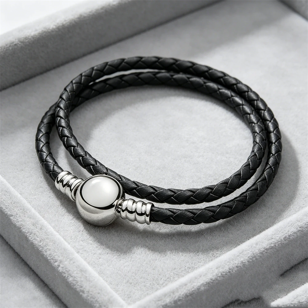 Hot Selling 925 Silver17-20cm Black Red Leather Circular Pentagram Safety Shain Luxury Pendant Bracelet Fit for DIY Bead Jewelry