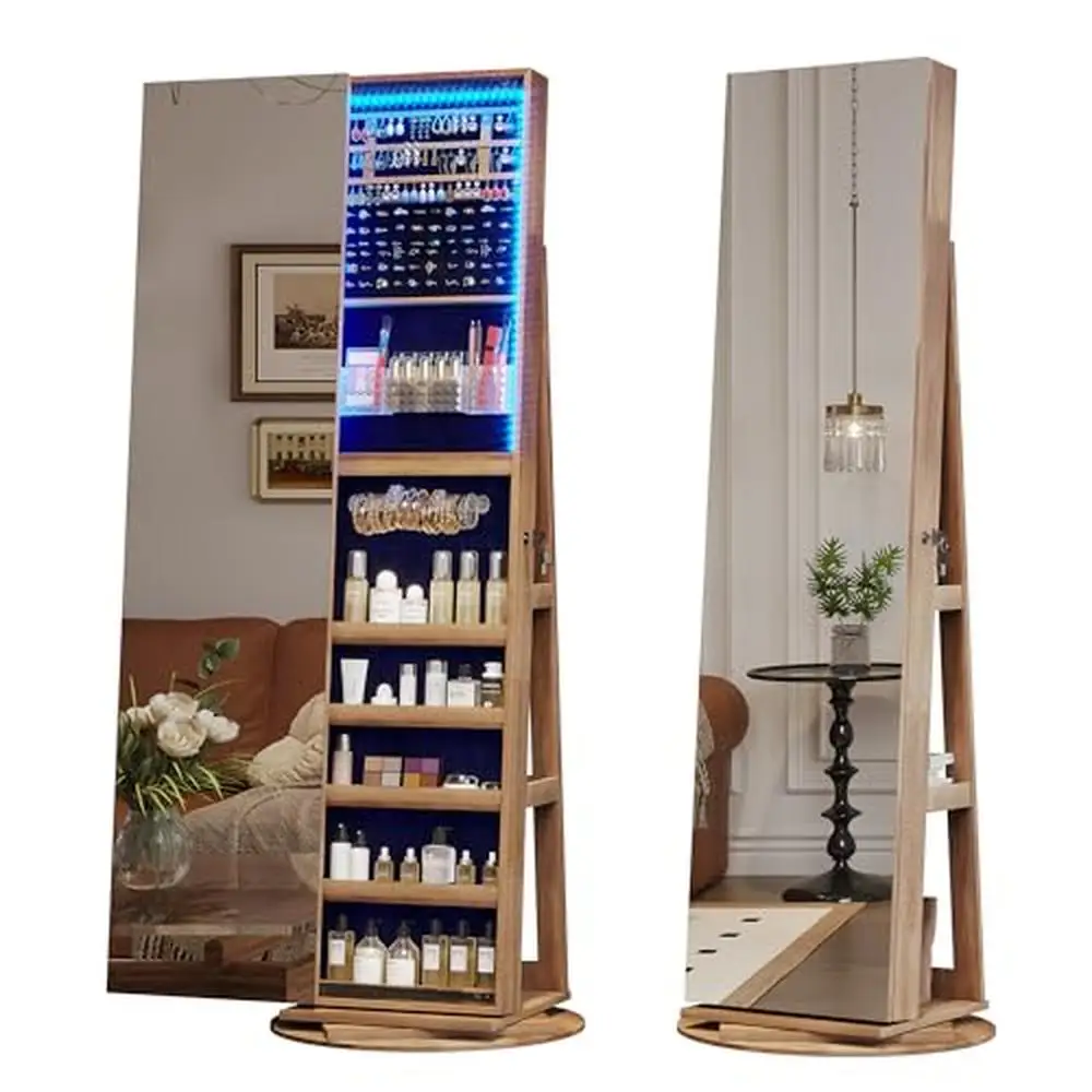 Jewelry Cabinet Mirror Lights Organizer Stand Up Armoire Storage 63" Full Length Triple Benefits 360 Swivel LED Lockable