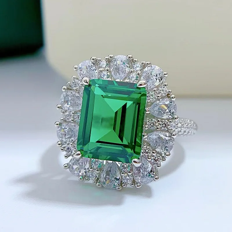 Luxury white gold solid platinum PT950 emerald cut inlay 9*11mm high carbon diamond temperament ring