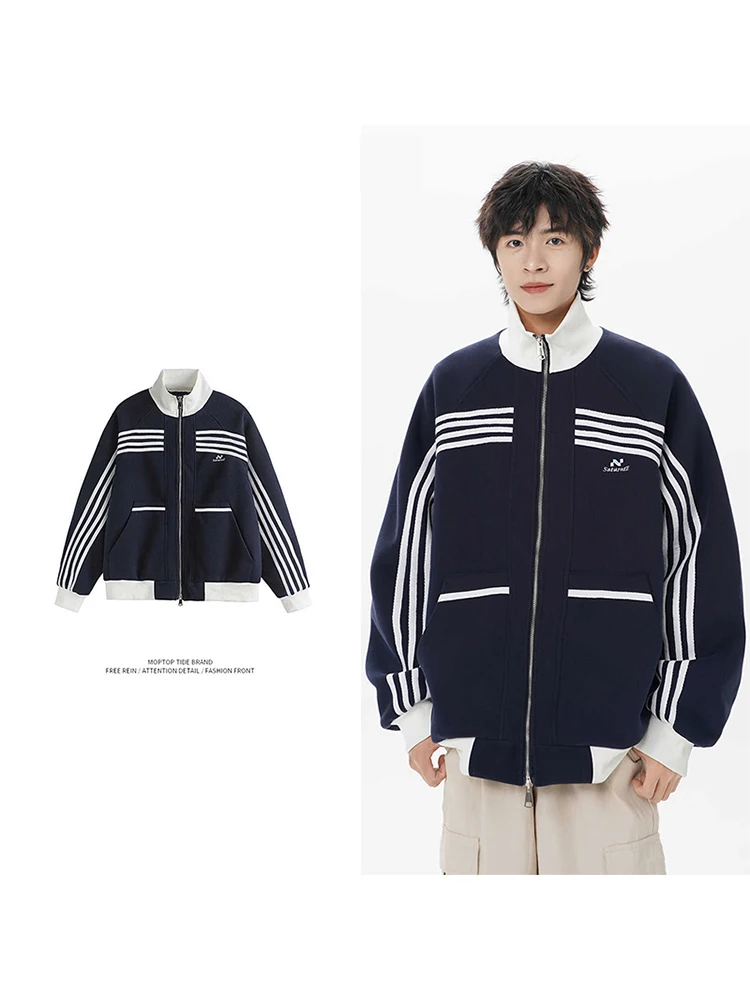 

Мужская осенняя цветная блузка в полоску Mr. WH в стиле ретро, спортивный открытый кардиган, толстовка с воротником-стойкой High Street Haome