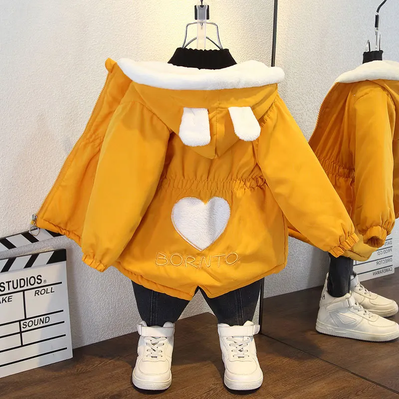 Autunno inverno capispalla per bambini con cappuccio cerniera giacche di cotone caldo peluche addensare vestiti per ragazze rosa giallo carino