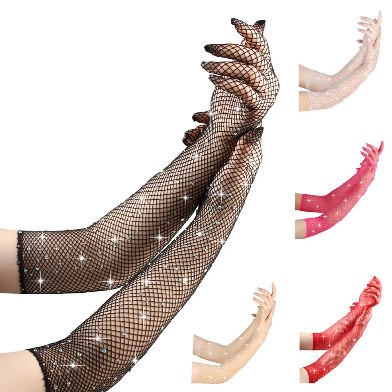 Women Sexy  Rhinestone Fishnet Long Gloves For Cosplay Party Dress Punk Hip Hop Stage Performance Women Costume Accessory Gift