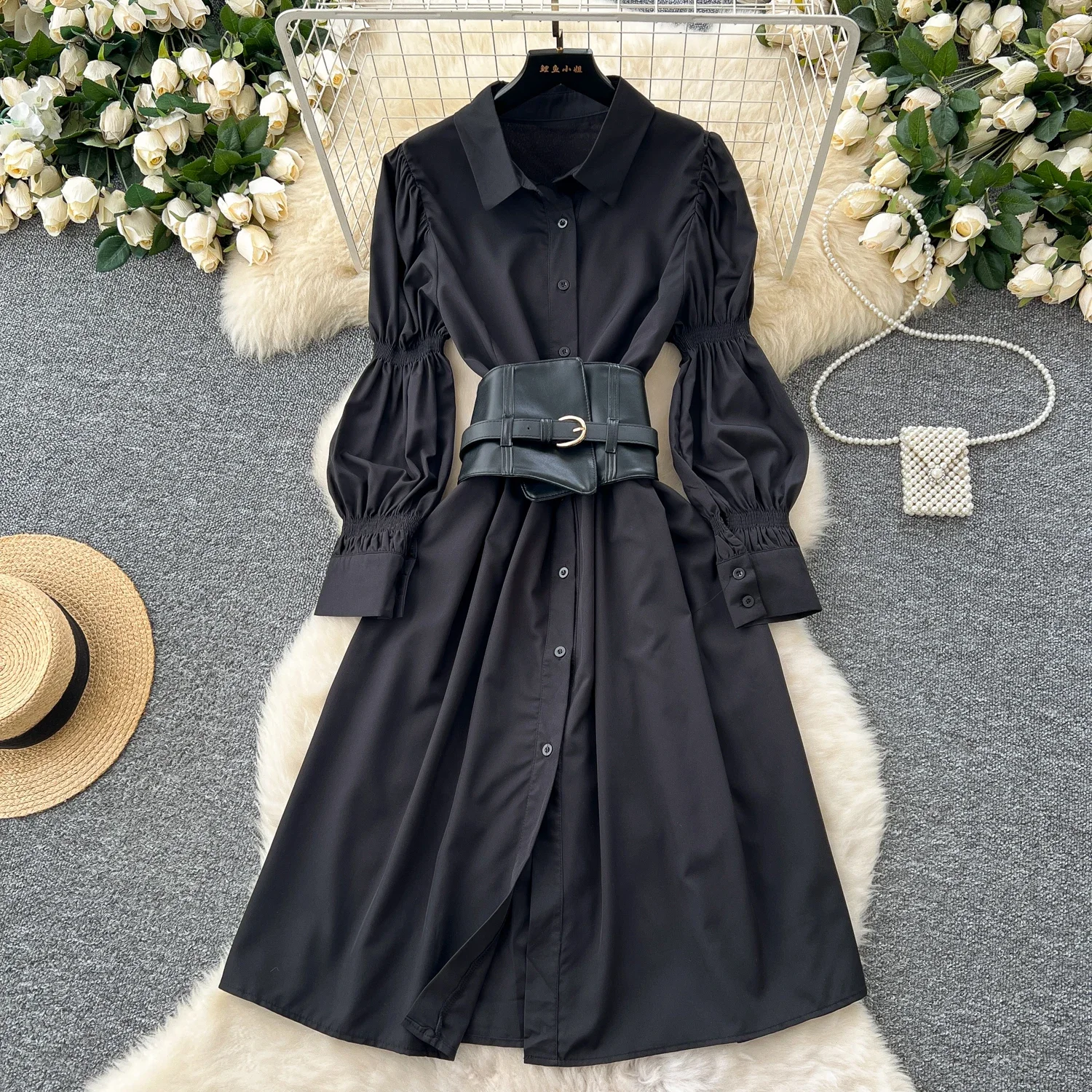 Basics Long Lantern Sleeve Polo-neck Chic Single Breasted Waist Seal Slim Long Dresses French Office High Street Autumn Clothing