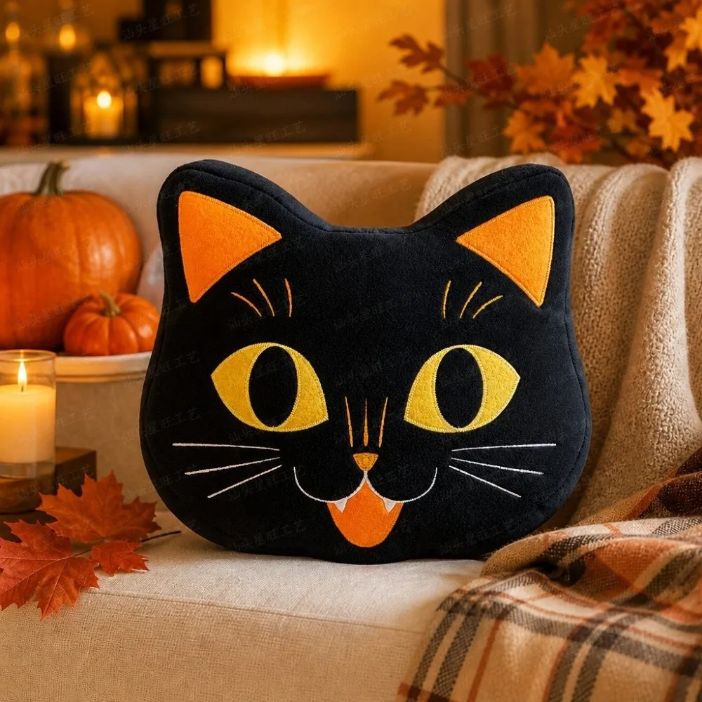 Super Soft Halloween Black Cat Pillow Cartoon PP Cotton Filing Novelty Pumpkin Cushion Skin-friendly Ghost Shaped Throw Pillow