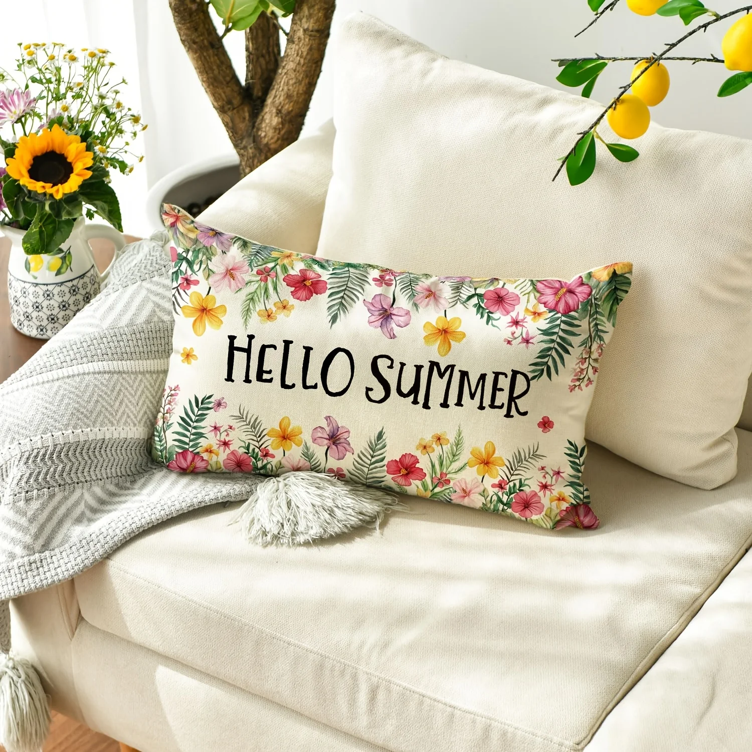 1pc Hello Summer Tropical Flower Themed Printed Lumbar Pillow Cover, Suitable for Sofa,Bedroom,Living Room,Balcony,Summer Decor