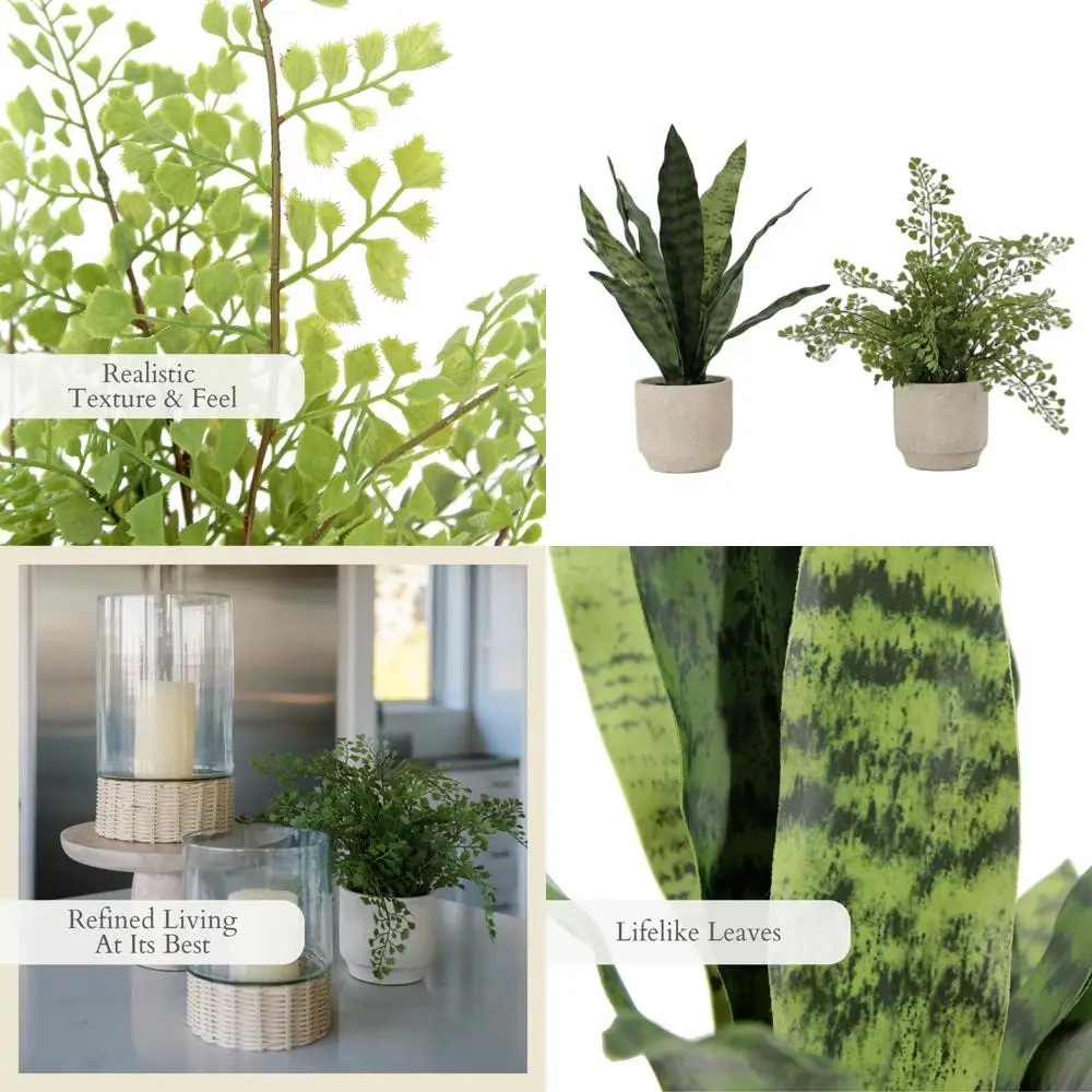 

Set of 2 Artificial Snake Plant and Fern for Interior Design, Lifelike Leaves, Grey Pots Included