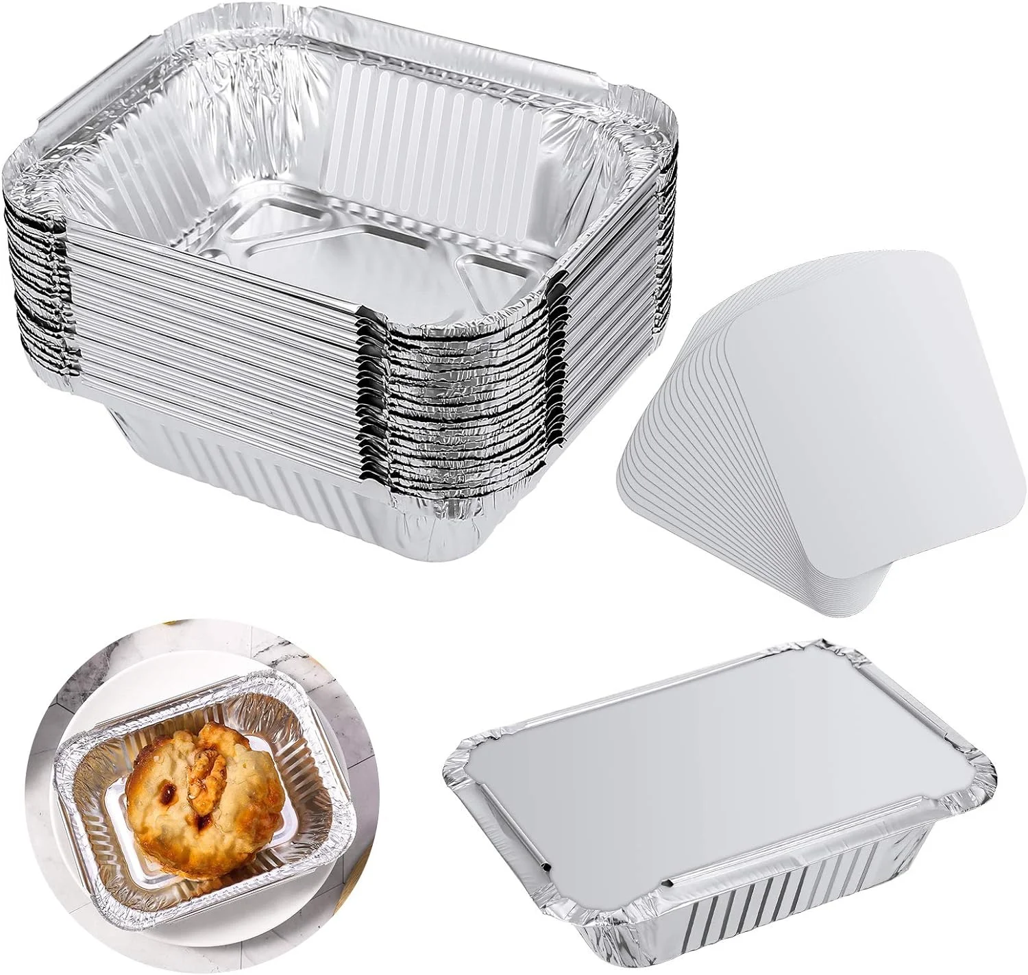 Bandeja de aluminio desechable para hornear, contenedores de almacenamiento de alimentos con tapa, diferentes tamaños, 50/100 piezas