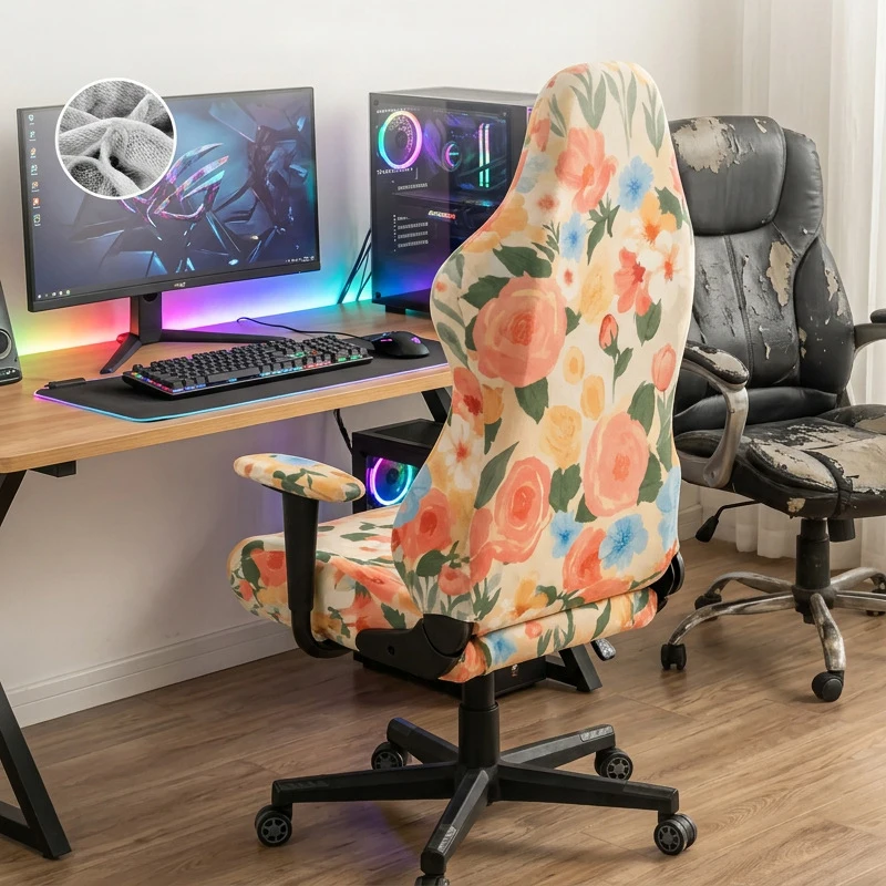 Universal Gaming Chair Cover Floral Printed Stretch Armchair Seat Protective Case Dust-proof Internet Bar Computer Chair Cover