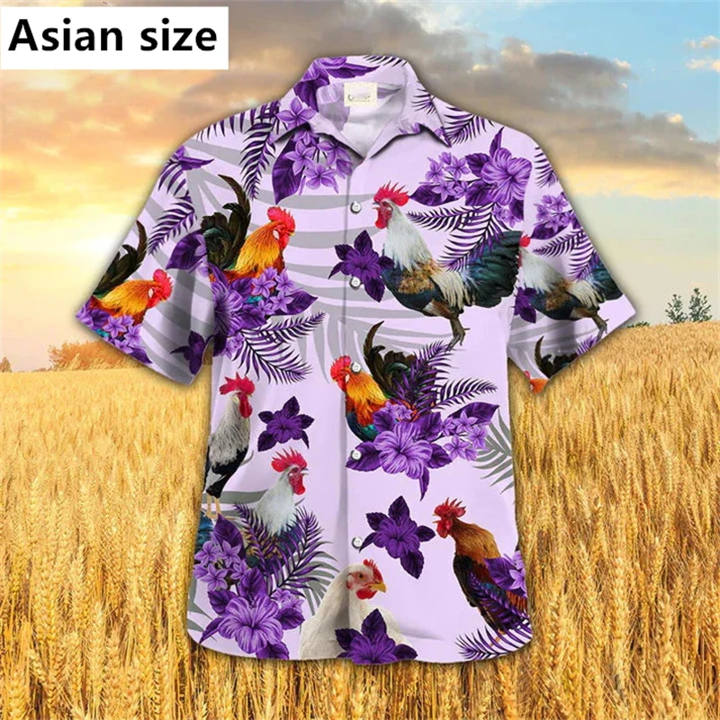 

Men Hawaiian Shirt Cock Rooster Pattern Colorful Short Sleeve Collar Top Fashion Streetwear 3D Printed Casual Chicken Clothing