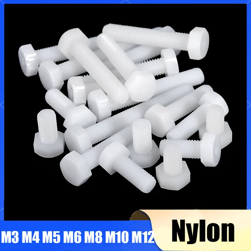 5~50Pcs White Nylon Hexagonal Screw M3 M4 M5 M6 M8 M10 M12 Plastic Insulated Metric Threaded External Hex Head Bolt L:5mm~100mm