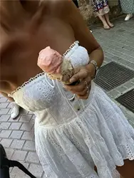 Summer Clothes Women 2024 Embroideryed Dress Elegant White Lace dress Sexy Off Shoulder Dress Front Tie Tube Dress Back Shirred