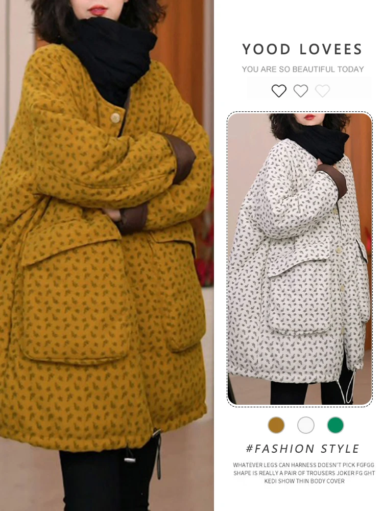 

Куртка в корейском стиле с модным принтом, омолаживающая, на одной пуговице, из хлопка, осенне-зимняя, новый дизайн, с большими карманами, трендовая, из хлопка.