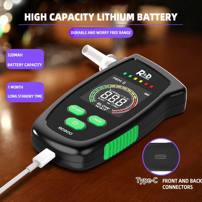 2026 New】RD900 Alcohol Tester Portable Breathalyzer LCD Color Screen High Precision Sensor 320mAh Type-C for Personal Driver